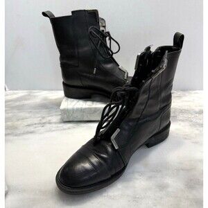 Zara Boots Womens Sz 41 Ankle Lace Up Zip Almond Toe Flat Leather Black